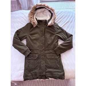 Hollister Olive Green Sherpa Lined Parka Jacket Faux Fur Hood Medium Womens